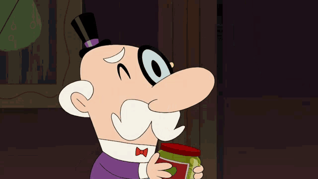 a cartoon character with a top hat and bow tie holding a jar