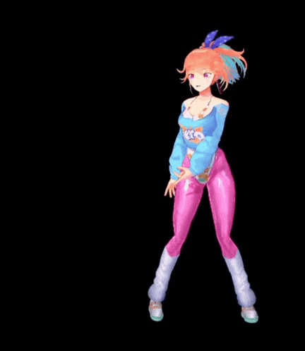 a girl with orange hair is wearing pink pants and a blue sweater
