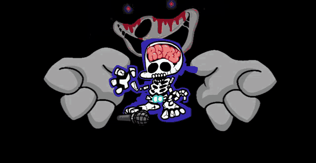 a cartoon of a skeleton holding a microphone in front of a monster with bloody teeth .