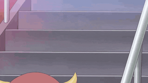 a cartoon character with horns and a red hood is standing on a set of stairs