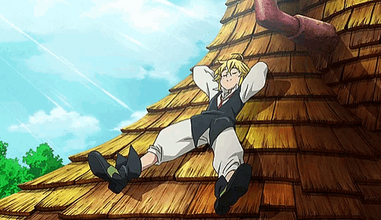 a cartoon character is laying on the roof of a house