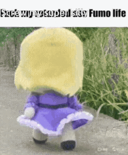 a stuffed animal with blonde hair and a purple dress is walking down a road .