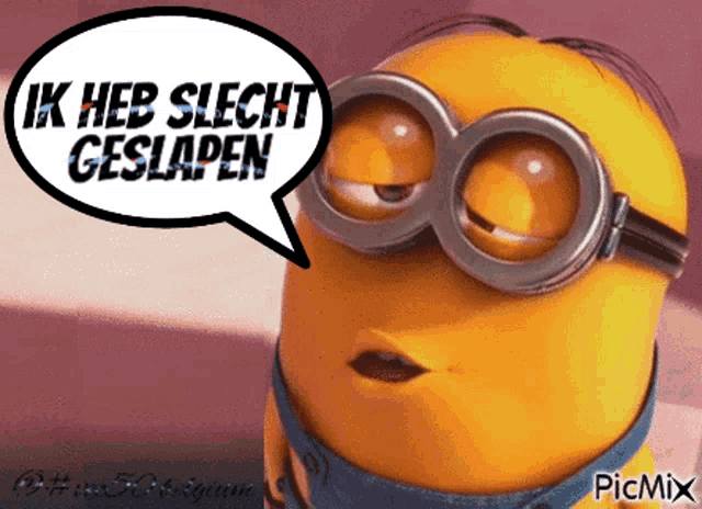 a picture of a minion with a speech bubble that reads ik heb slecht geslapen