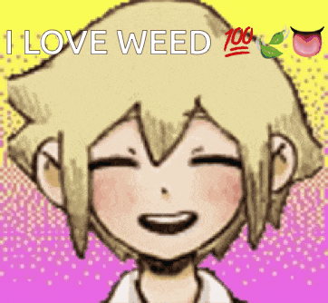 a drawing of a boy with the words " i love weed " on the top