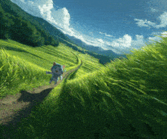 a painting of a cat walking down a path in a grassy field