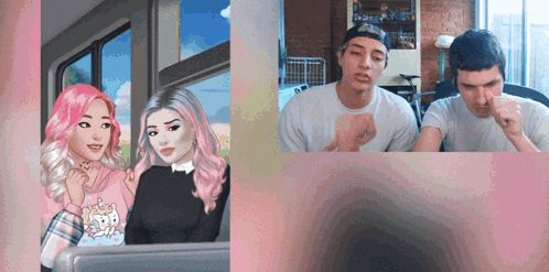 a girl with pink hair is standing next to a man with a hat on