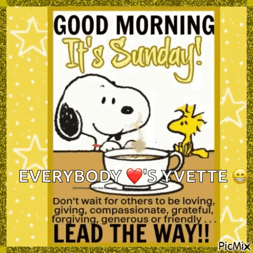 a picture of snoopy and woodstock with a cup of coffee