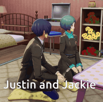 justin and jackie are sitting on the floor in a room