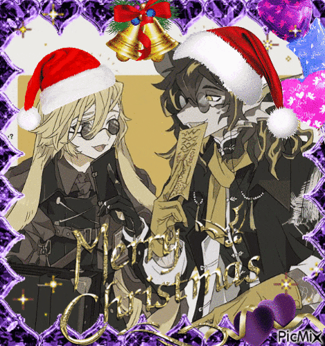 a picture of two anime characters wearing santa hats with the words merry christmas below them