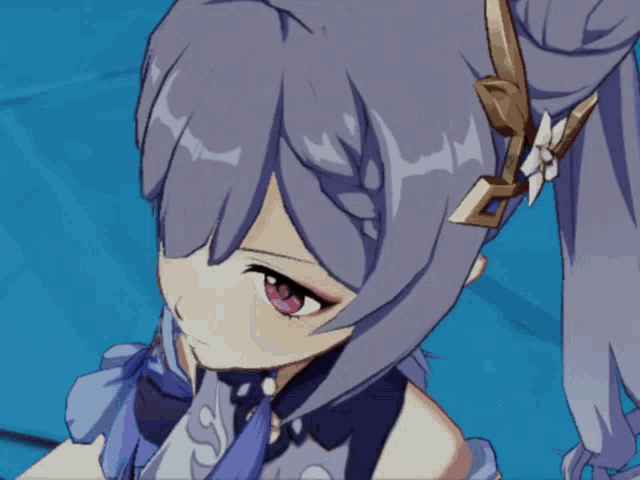 a close up of a anime character with purple hair