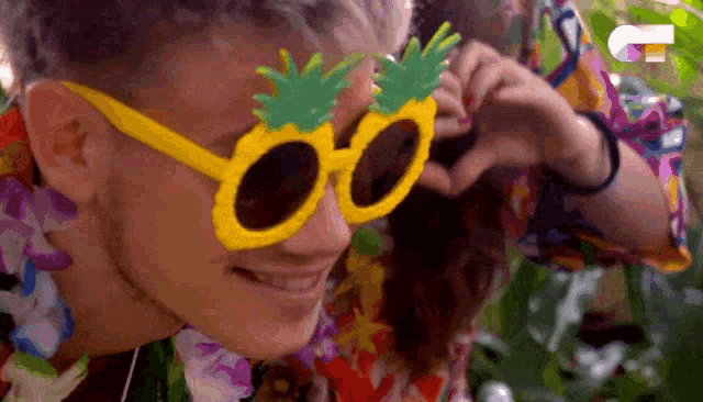 a man wearing pineapple sunglasses takes a picture