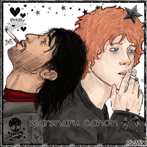 a man smoking a cigarette next to another man with red hair