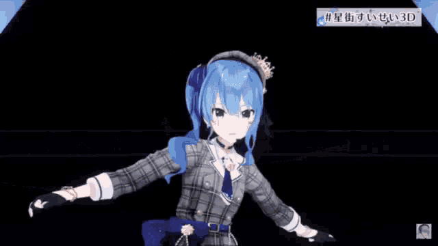 a 3d anime girl with blue hair and a crown on her head is standing with her arms outstretched .