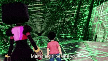 a cartoon character says mama a girl behind you in front of a green background