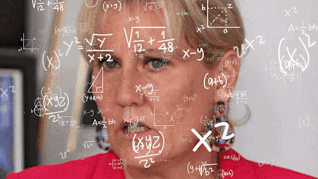 a woman 's face is covered in mathematical equations including one that says xyz