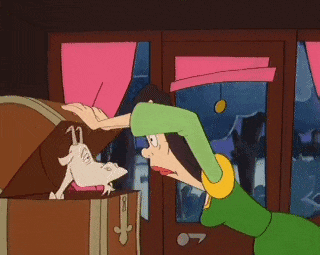 a cartoon of a woman reaching into a trunk with a goat sticking its head out