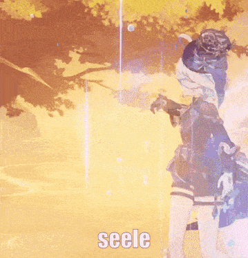 a girl in a blue dress is standing in front of a tree and the word seele is on the bottom