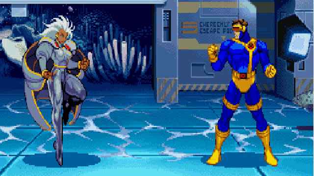 a pixel art of storm and cyclops standing in front of an emergency escape room