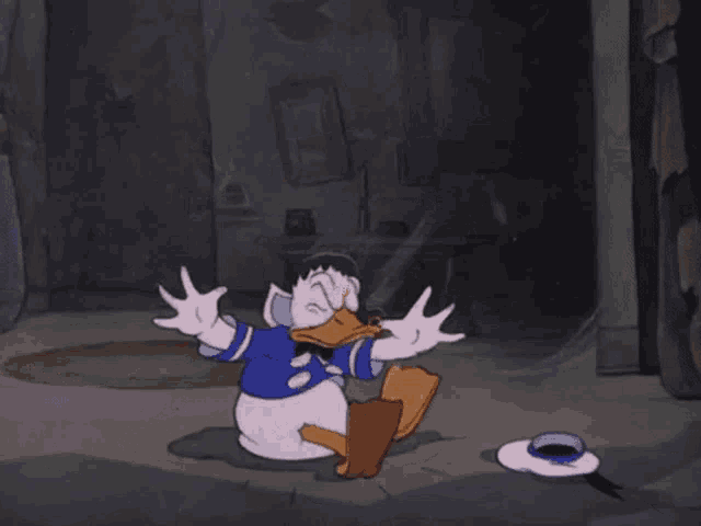 a cartoon character named donald duck is sitting on the floor