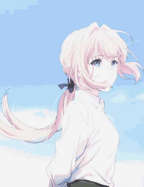 a girl with blonde hair and blue eyes is wearing a white shirt and a ponytail