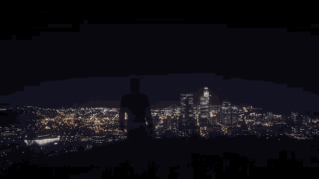 a silhouette of a man standing in front of a city at night