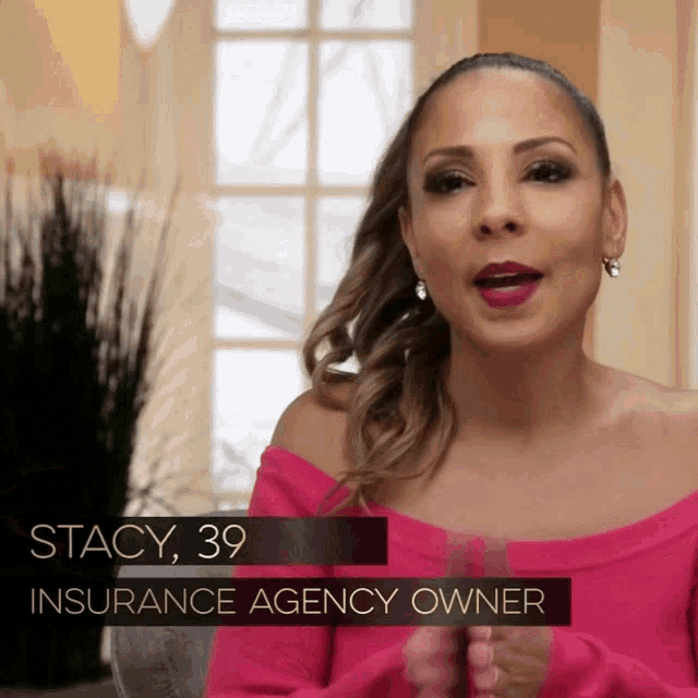 a woman in a pink off the shoulder top is named stacy 39 insurance agency owner