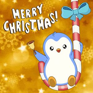 a penguin holding a bell hanging from a candy cane with the words merry christmas below it