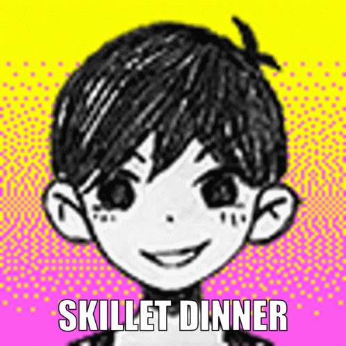 a black and white drawing of a boy with the words skillet dinner below him