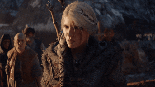 a woman in a fur coat is holding a sword in her hand