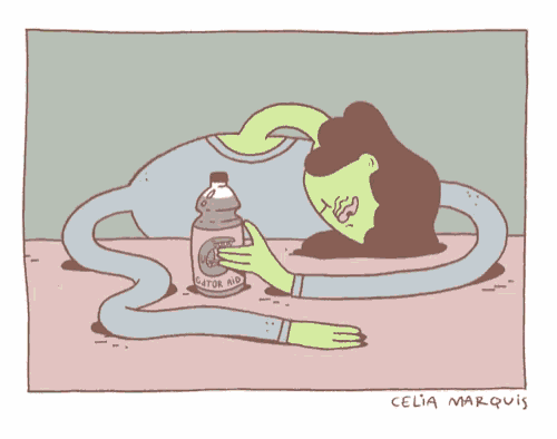 a celia marquis drawing of a person laying down with a gator aid bottle