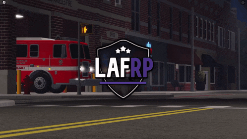 a red fire truck is parked in front of a brick building with a lafrp logo