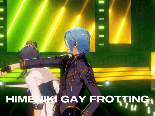two anime characters are dancing on a stage with the words himenuki gay frotting written on the bottom