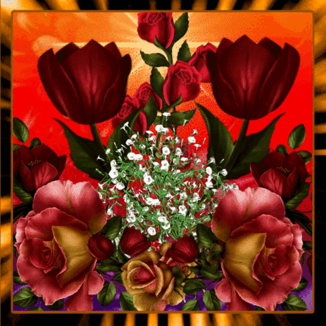 a bunch of red roses and yellow roses on a red and yellow background