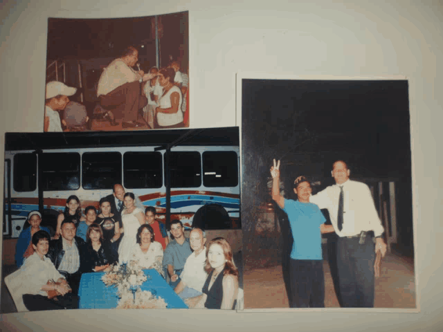 a group of people are gathered in front of a bus