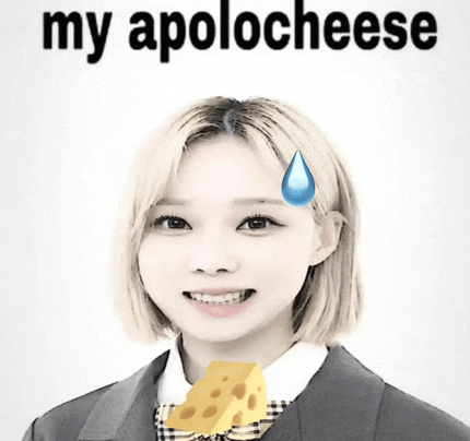 a picture of a girl with a piece of cheese in front of her and the words " my apolo cheese "