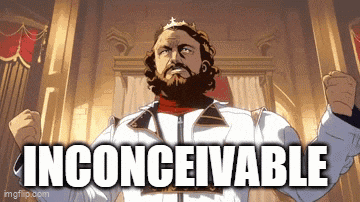 a man with a beard and a crown is holding his fist up in front of the word inconceivable