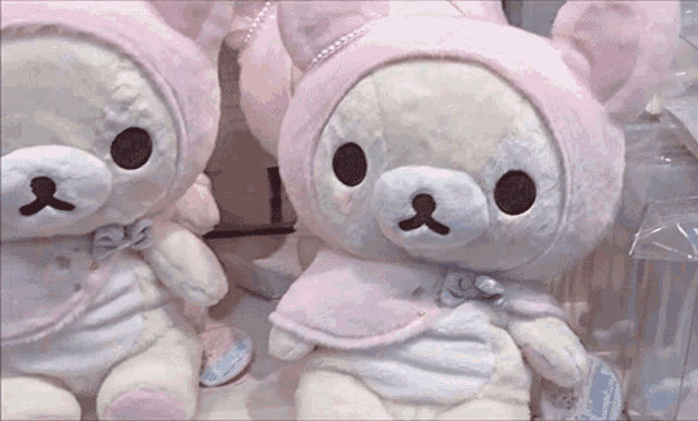 a white teddy bear with a pink bunny hat