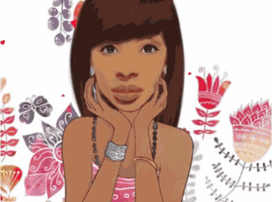 a drawing of a woman with her hands on her face with flowers in the background