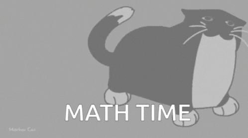 a black and white drawing of a cat with math time written below it