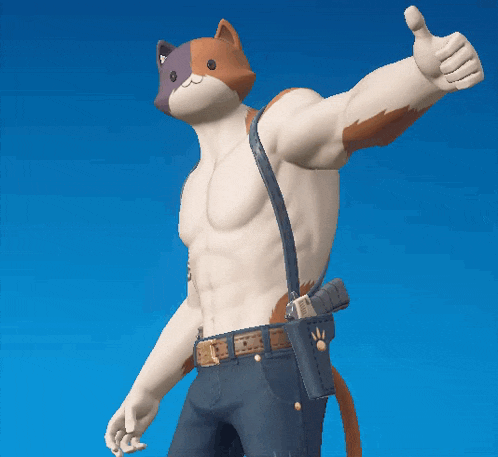 a man with a cat face on his head flexing his muscles