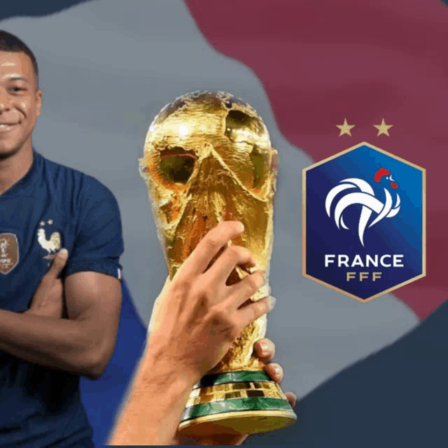 a soccer player holds a trophy in front of a france logo