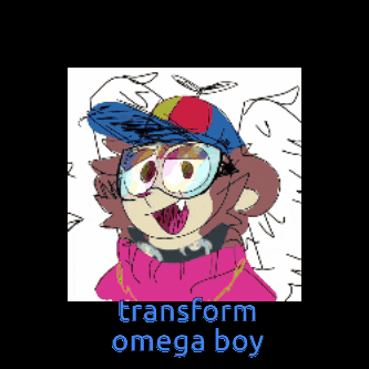 a drawing of a boy with glasses and a hat that says transform omega boy on it