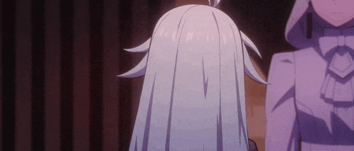 a girl with long white hair is standing next to another girl in a purple outfit .