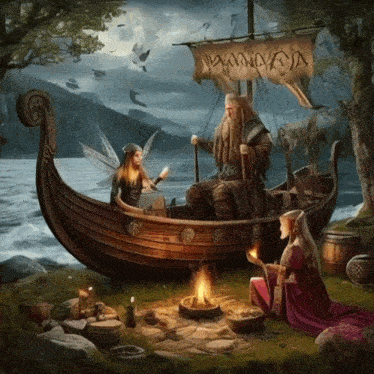 a painting of a man in a boat with a banner that says viking