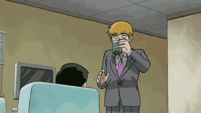 a cartoon of a man in a suit drinking from a mug
