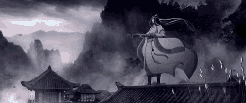 a woman in a blue dress is standing on a roof holding a guitar ..