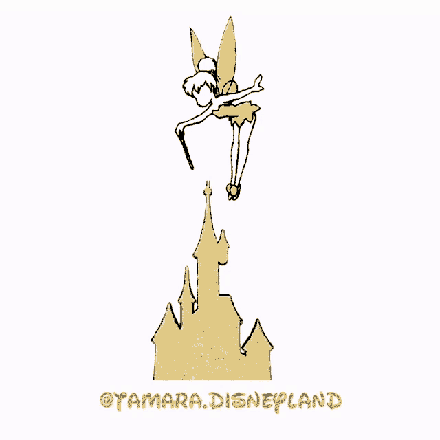 a drawing of tinkerbell flying over a castle with tamara.disneyland written below her