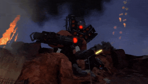a robot with a red light on its head stands on a rock