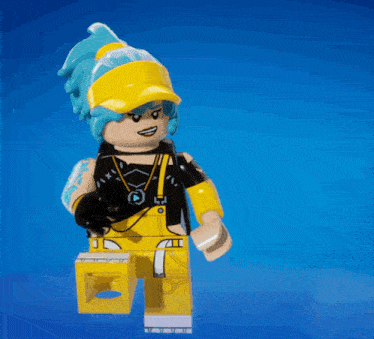 a lego figure with blue hair and a yellow hat is standing in front of a blue background