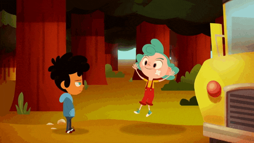 a cartoon of a boy and a girl standing next to a school bus